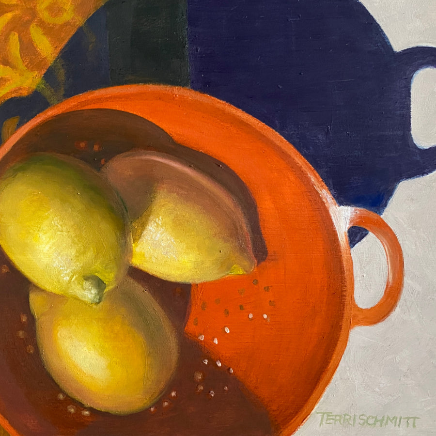 Lemons in Orange Colander Painting Terri Schmitt 