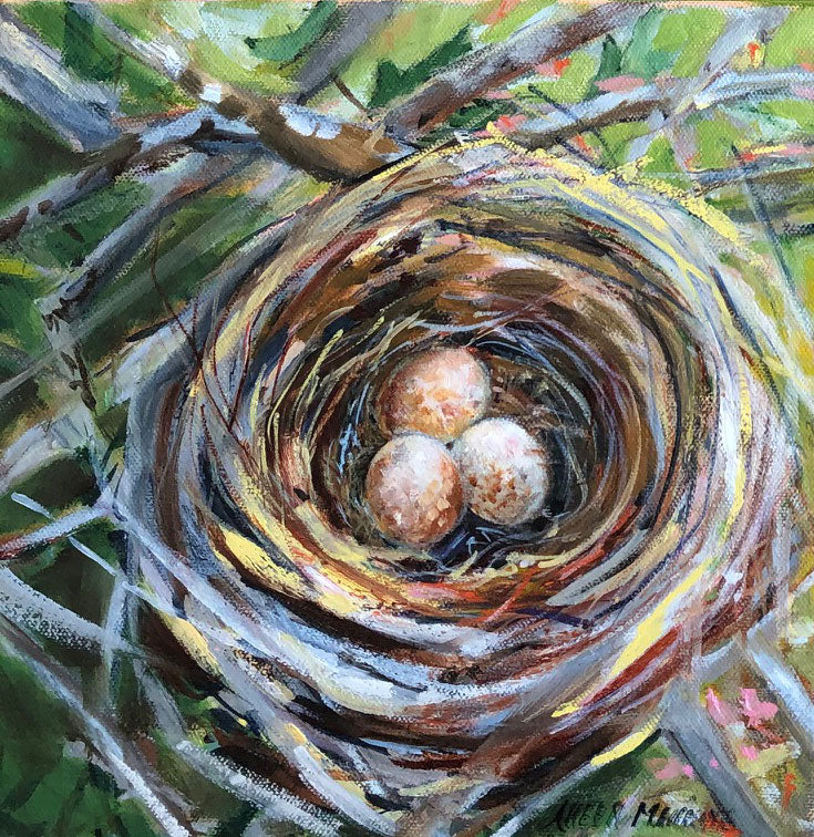 Safe in Our Nests - Three Cream Eggs in Nest Painting Alleen Blesi Manning 